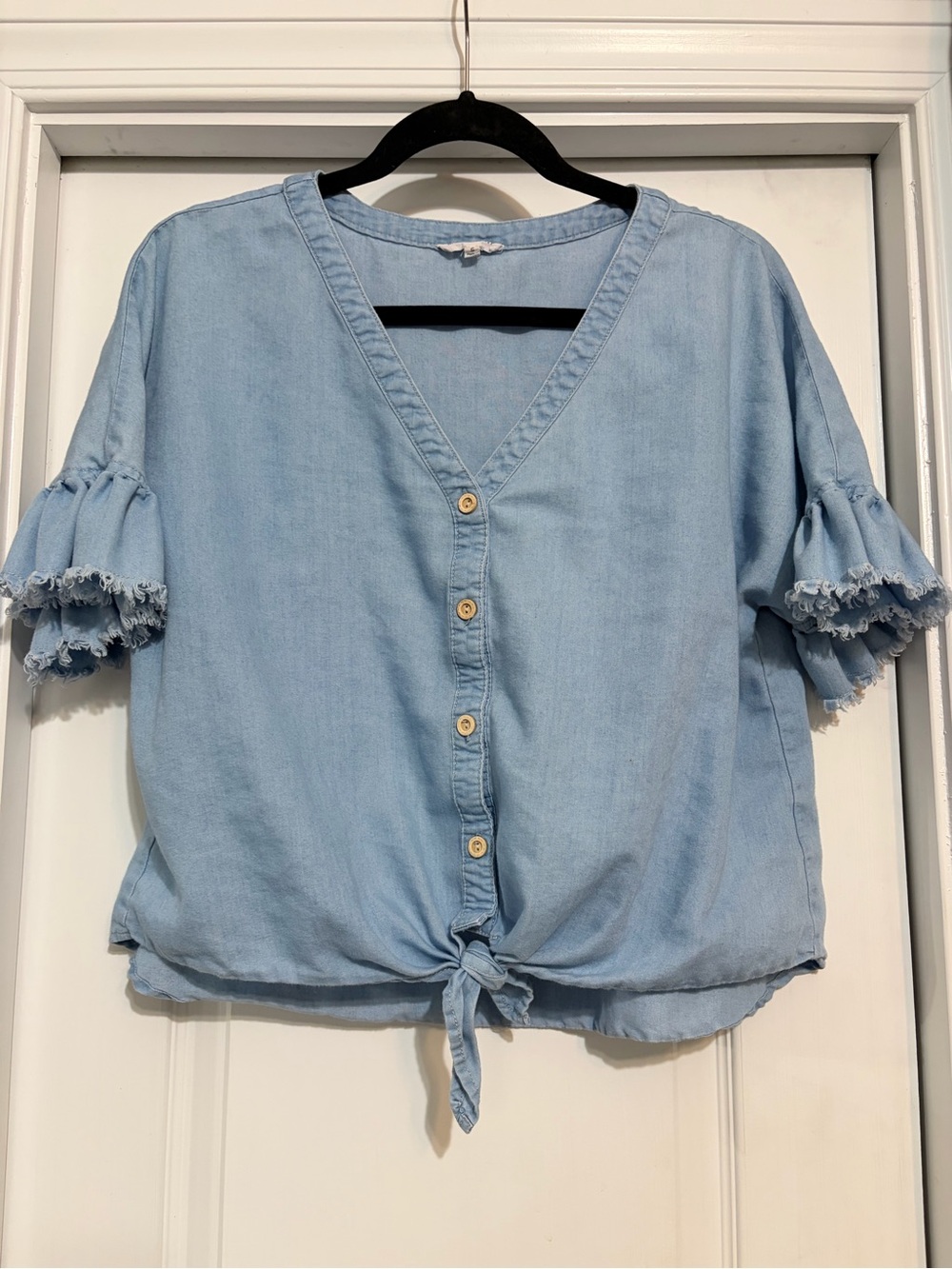Main Strip Light Blue Tie-Front Button Blouse with Ruffle Sleeves